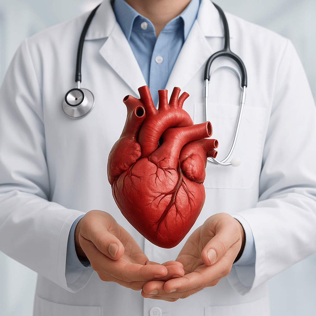 Heart specialist doctor holding 3D human heart model for cardiac care and treatment