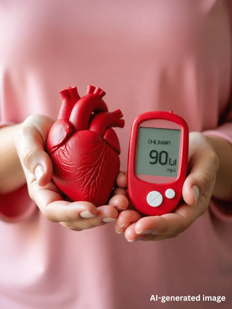 Cardiac and diabetes connection illustrated by a heart model and blood glucose meter
