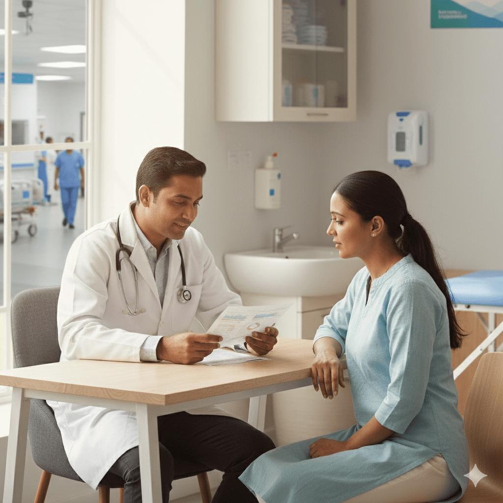 Doctor consultation in hospital – Indian doctor discussing health report with patient