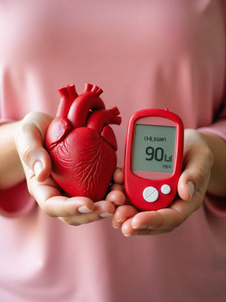 Cardiac and diabetes connection showing heart health risk with blood sugar monitoring