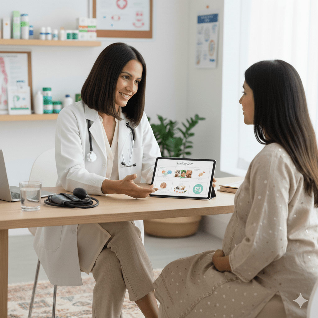Female doctor consulting pregnant woman at a wellness center, discussing a healthy diet on a digital tablet.