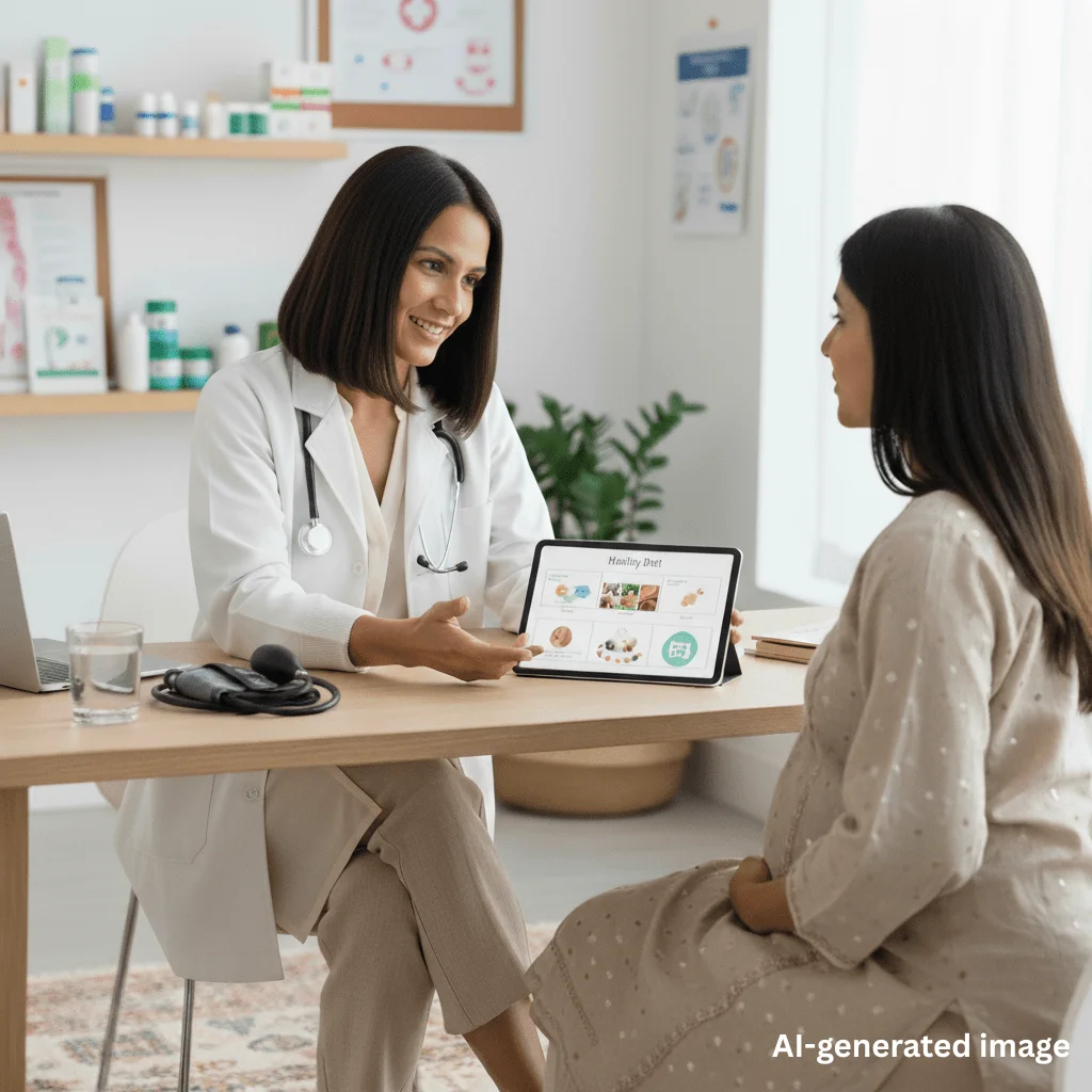 Consultation at a wellness center with a healthcare professional discussing a health and nutrition plan with a woman