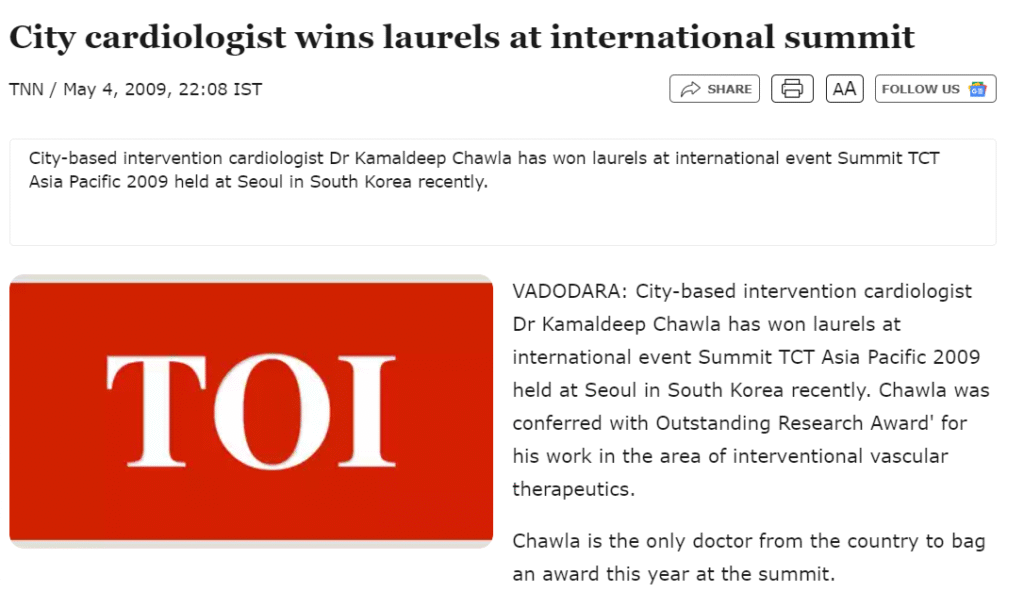 Dr. Kamaldeep Chawla wins international award for excellence in cardiac care treatment at Seoul summit.