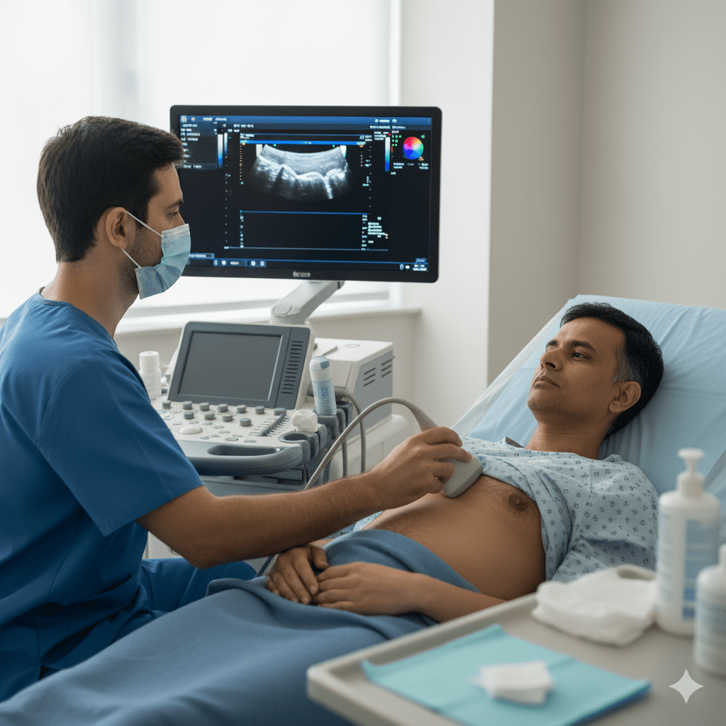 Technician performing echocardiogram test on male patient using ultrasound equipment.