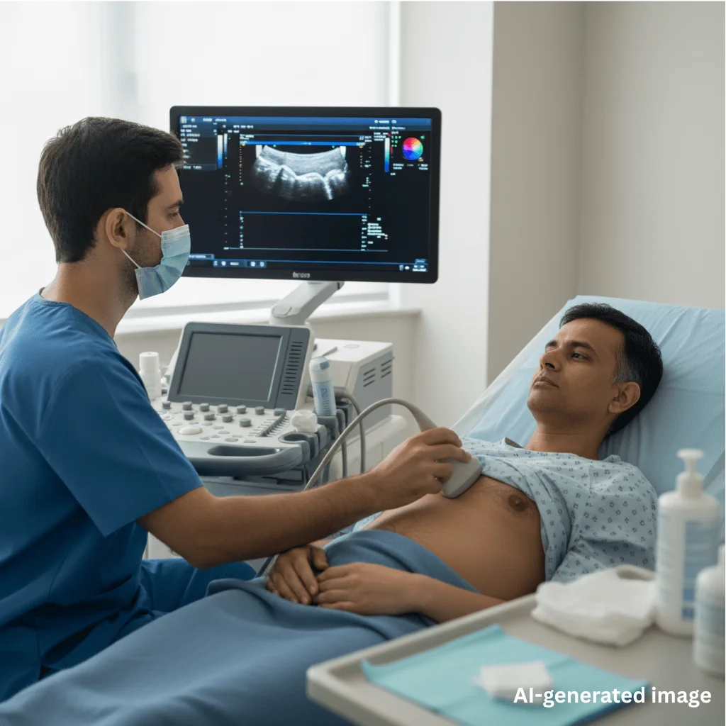 Echocardiogram test being performed by a healthcare professional using an ultrasound probe on a patient