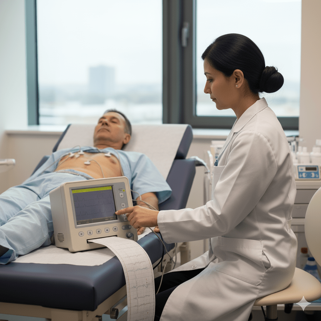 Electrocardiogram test being conducted by a medical professional on a male patient in a clinical setting