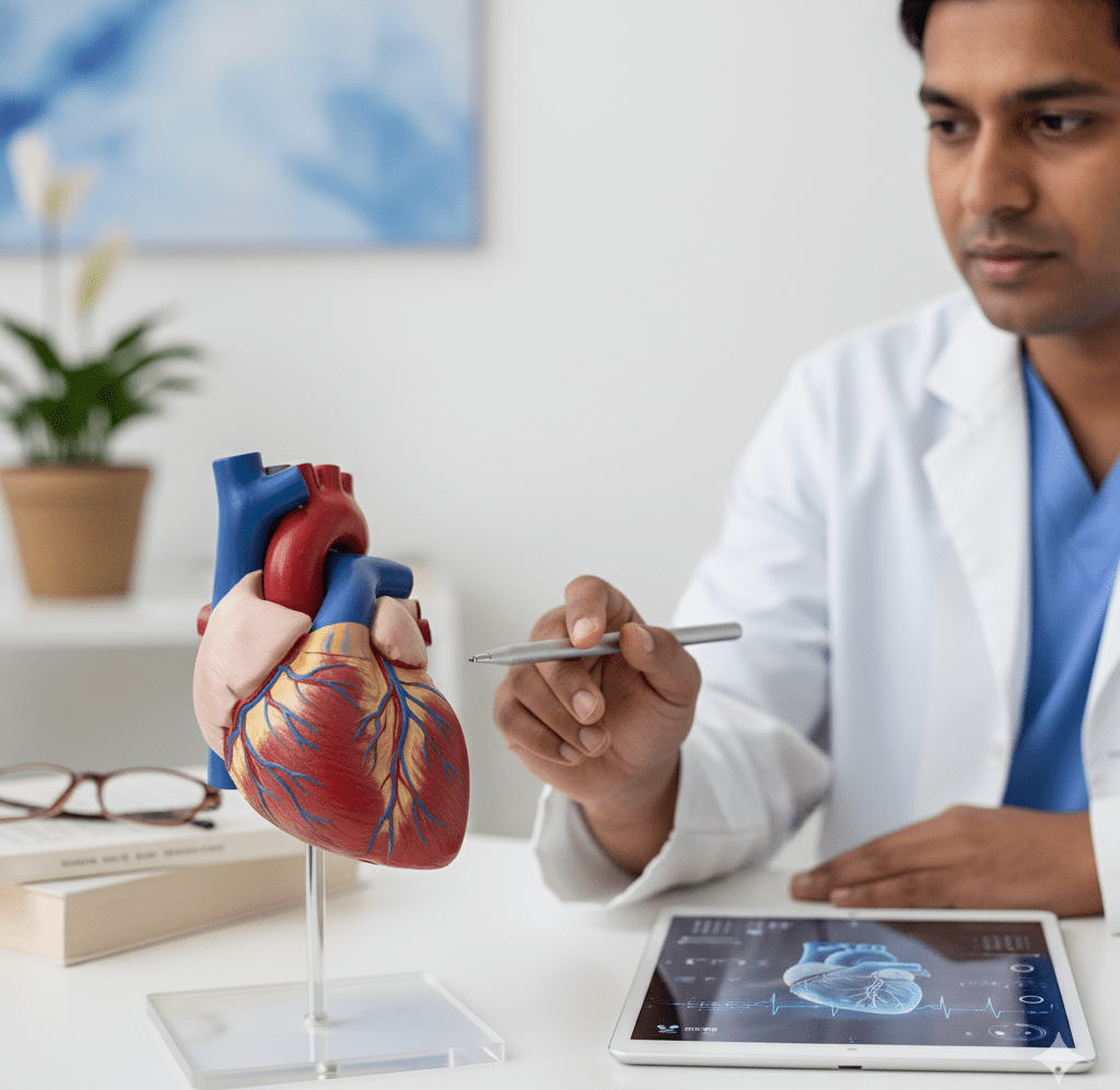 Doctor explaining heart model during cardiology service consultation