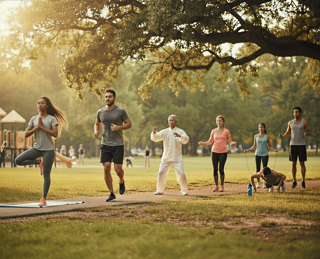 Diverse group of people exercising in park as part of preventive health routine for heart checkup test awareness