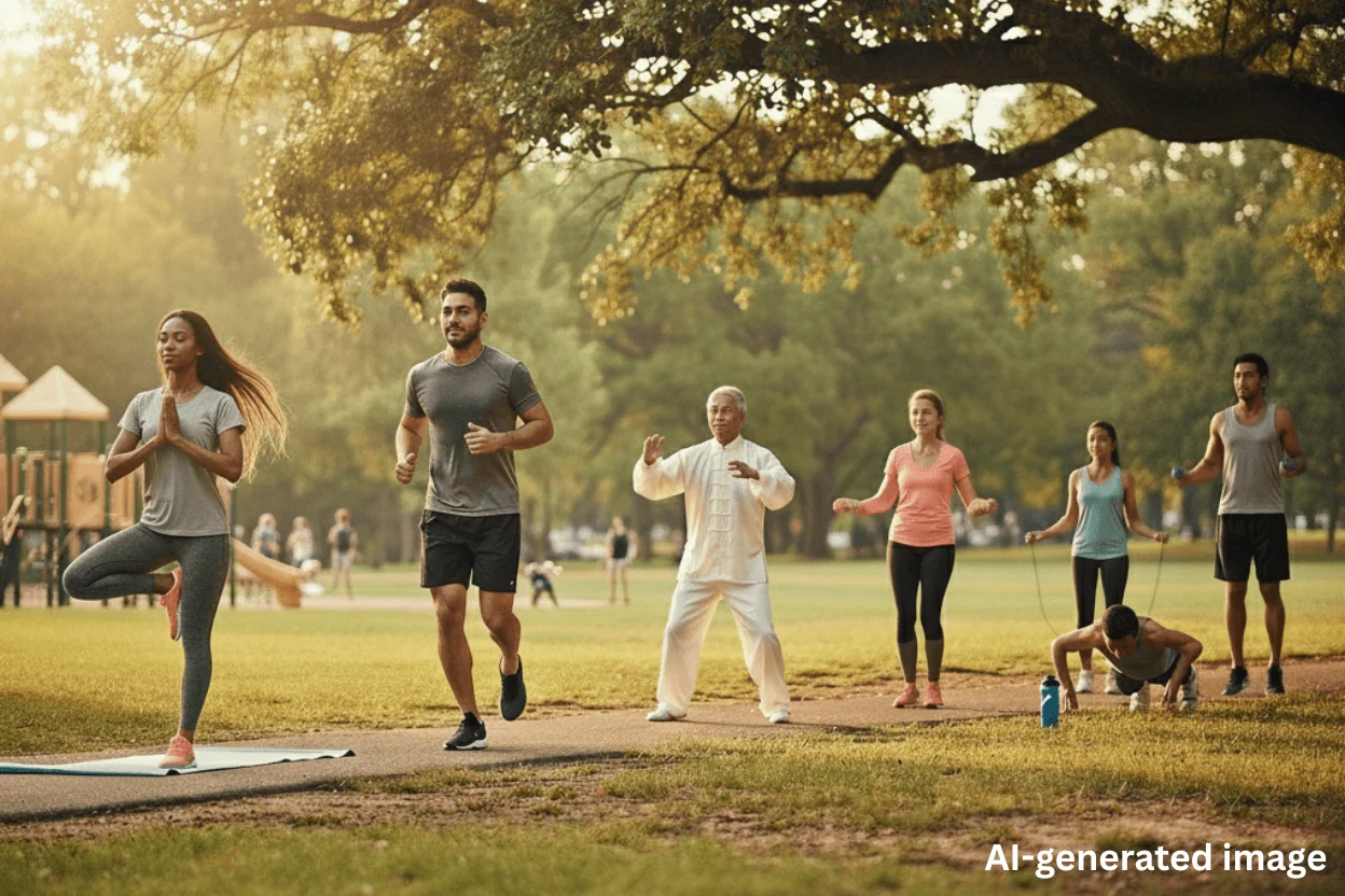 Heart checkup test awareness with people practising yoga, jogging and outdoor exercise in a park