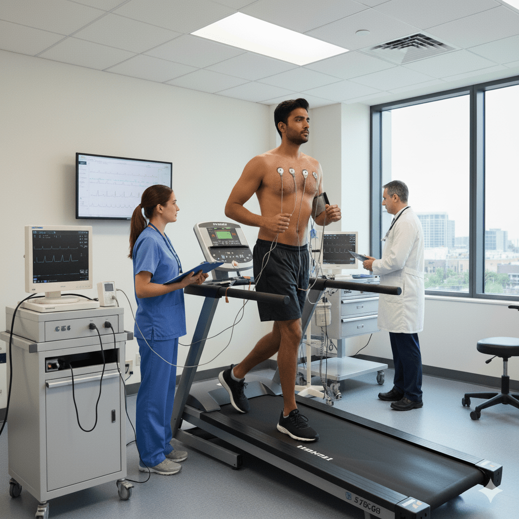 Patient undergoing treadmill test for heart health monitoring