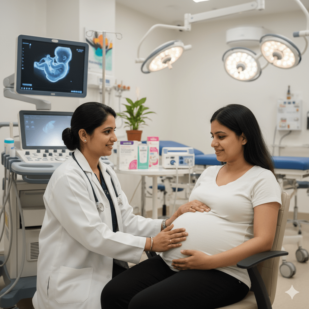 Gynecologist performing prenatal checkup as part of gynecological procedures in a modern clinic