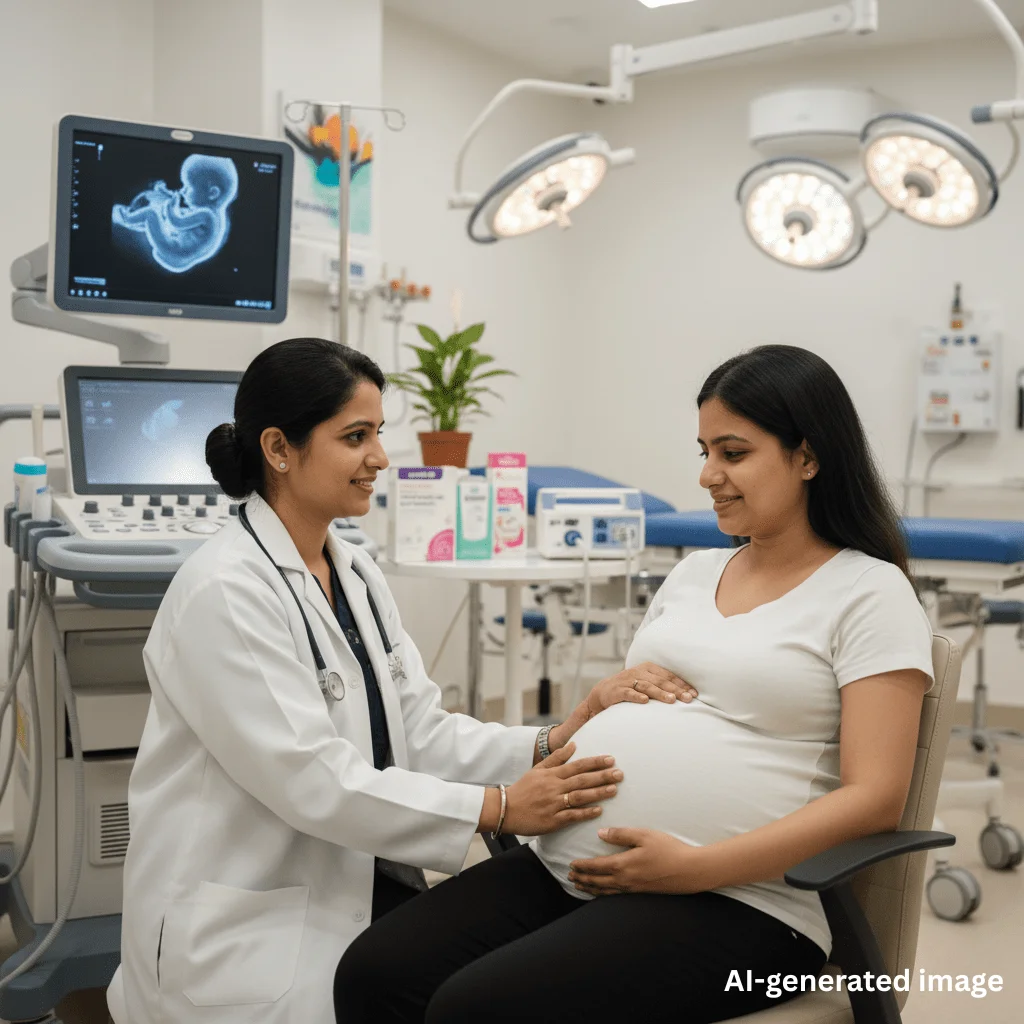 Gynecological procedures illustrated by a doctor examining a pregnant woman's abdomen in a clinical setting