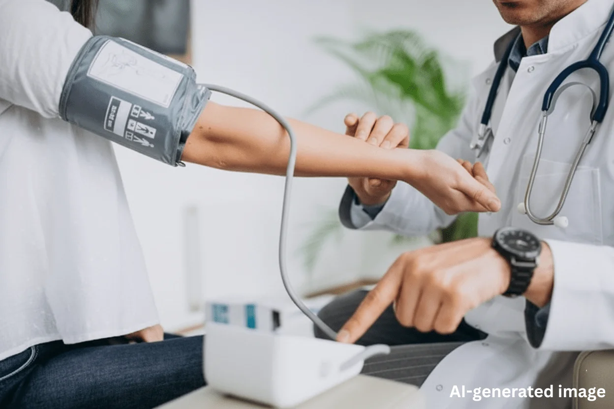 Health checkups services showing a doctor measuring a patient's blood pressure